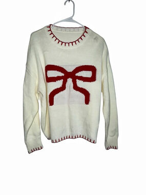 Bow Motif Sweater in White & Red Size XL Like New